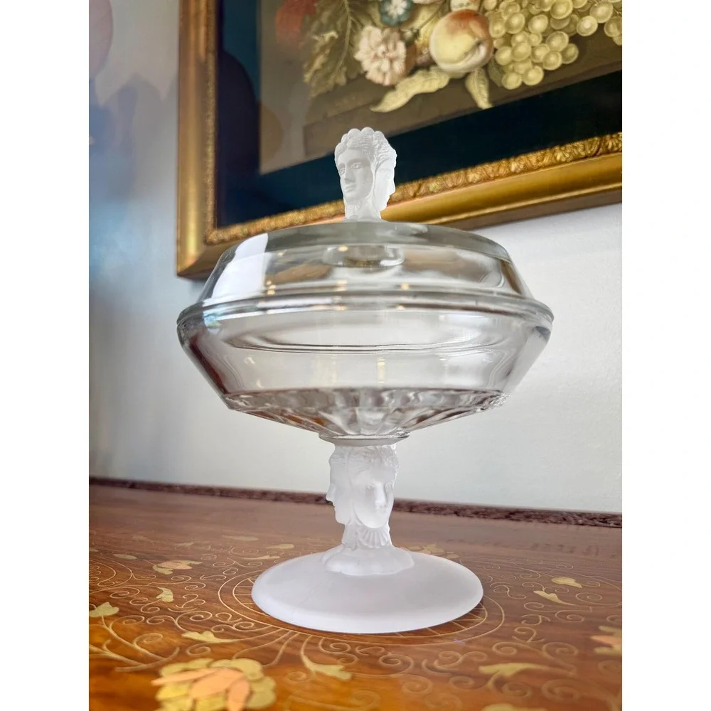 Antique EAPG Three Face Covered Compote • Duncan No. 400 Frosted Glass